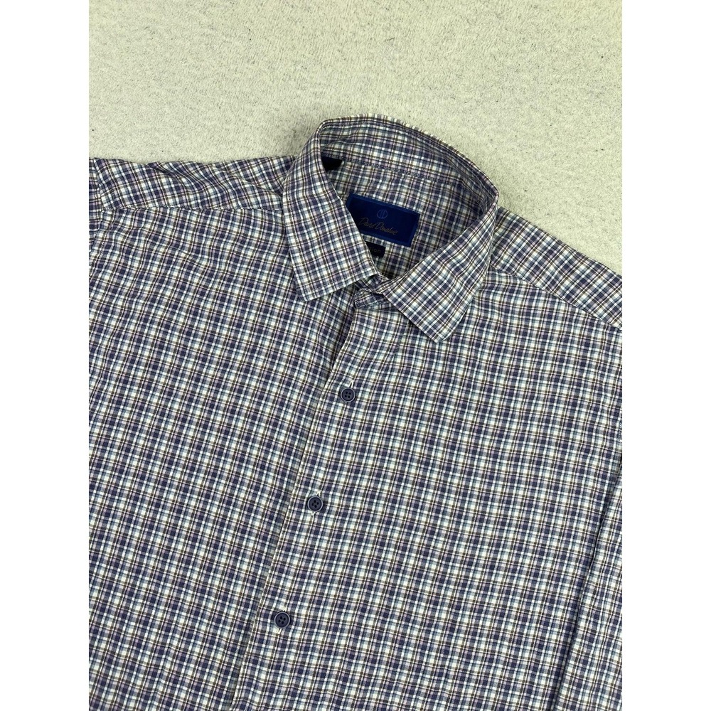 David Donahue Fusion Shirt Mens L/XL Blue‎ Plaid Cotton Long Sleeve Button Up